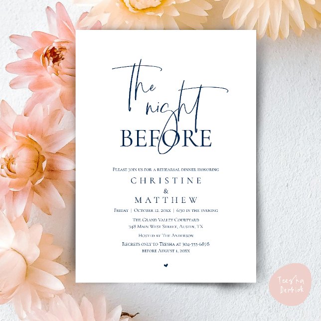 Dagen före, modern bröllopsrepetition middag inbjudningar (The Night Before, Modern Wedding Rehearsal Dinner Invitation Card in Navy Blue)