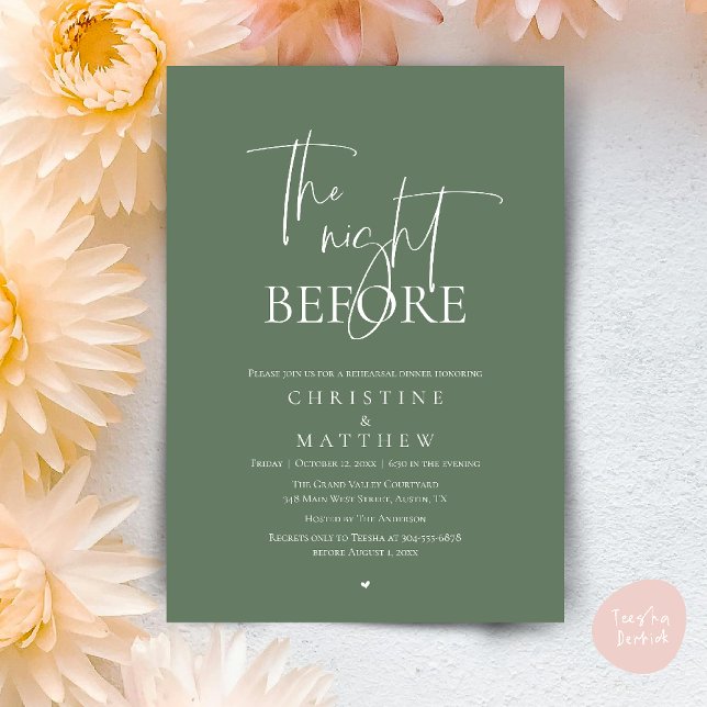 Dagen före, Modern bröllopsrepetition middag Inbjudningar (The Night Before, Modern Wedding Rehearsal Dinner Invitation Card in Sage Green)