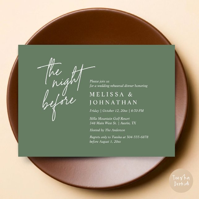 Dagen före, Modern Bröllopsrepetition Middag Inbjudningar (The Night Before, Modern Wedding Rehearsal Dinner Modern Invitation Card, PDF, in Forest Sage Green)