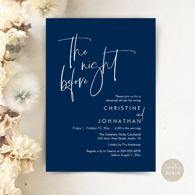 Dagen före, Modern Casual Rehearsal Middag Inbjudningar (The Night Before, Modern Wedding Rehearsal Dinner Invitation Card in Navy Blue)