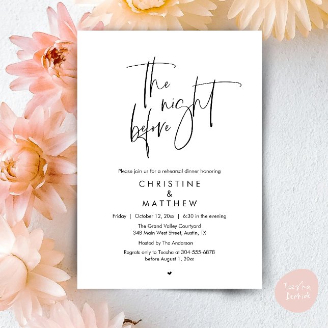 Dagen före, Modern förövning middag bröllop Inbjudningar (The Night Before, Modern Wedding Rehearsal Dinner Invitation Card in Black White)