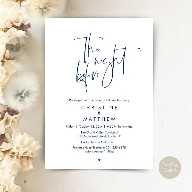 Dagen före, Modern förövning middag för bröllop Inbjudningar (The Night Before, Modern Wedding Rehearsal Dinner Invitation Card in Navy Blue)