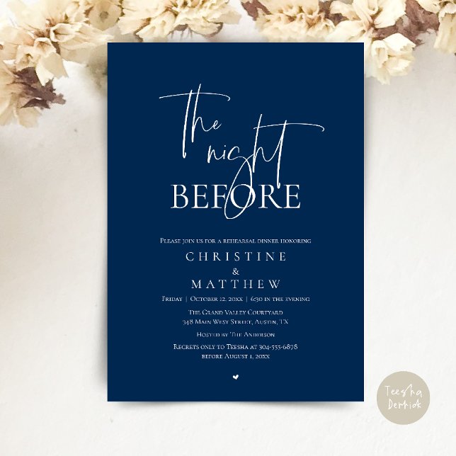 Dagen före, Modern förövning middag för bröllop Inbjudningar (The Night Before, Modern Wedding Rehearsal Dinner Invitation Card in Navy Blue)