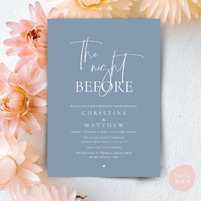 Dagen före, Modern förövning middag för bröllop Inbjudningar (The Night Before, Modern Wedding Rehearsal Dinner Invitation Card in Dusty Blue)