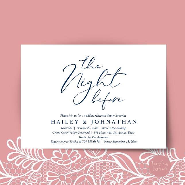 Dagen före, Modern Övningsmiddag för Bröllop Inbjudningar (The Night Before, Modern Romantic Wedding Rehearsal Dinner Invitation Card in Navy Blue)