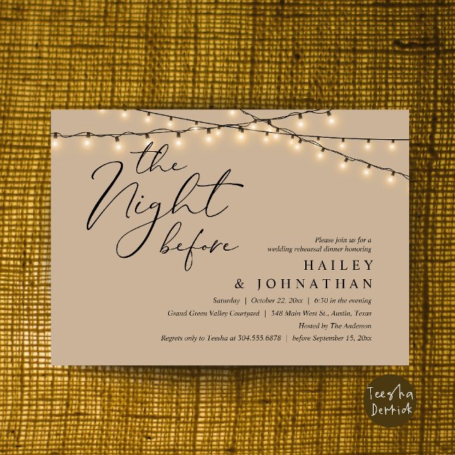 Dagen före, modern övningsmiddag för bröllop inbjudningar (The Night Before, Modern Romantic Wedding Rehearsal Dinner Invite Card in String Lights Brown Tan)