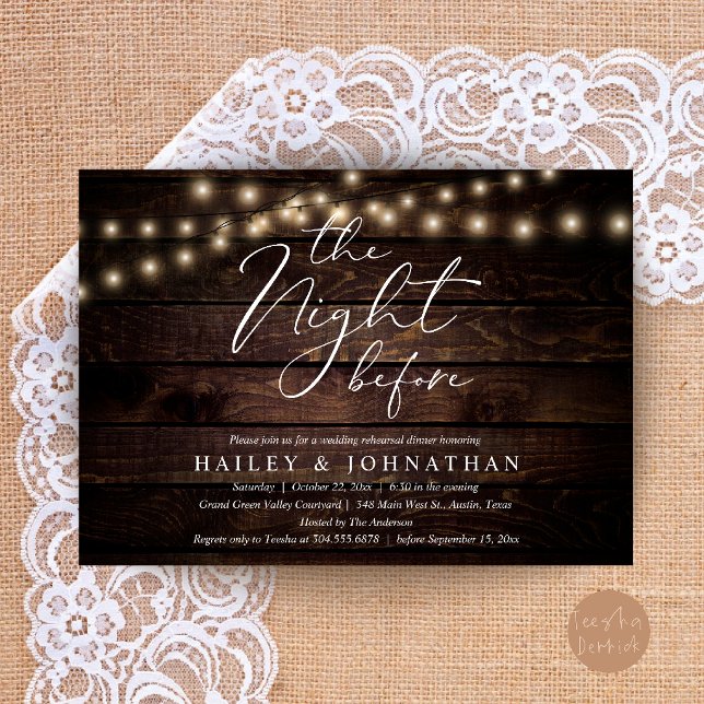 Dagen före, Modern Övningsmiddag för Bröllop Inbjudningar (The Night Before, Modern Romantic Wedding Rehearsal Dinner Invite Card in String Lights Dark Wood)