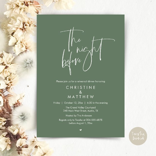 Dagen före, Modern Övningsmiddag för Bröllop Inbjudningar (The Night Before, Modern Wedding Rehearsal Dinner Invitation Card in Sage Green)