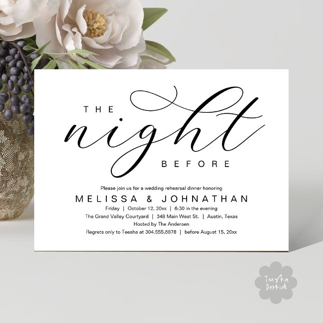 Dagen före, Modern övningsmiddag för bröllop Inbjudningar (The Night Before, Classy Modern Wedding Rehearsal Dinner Invitation Card PDF Black White)