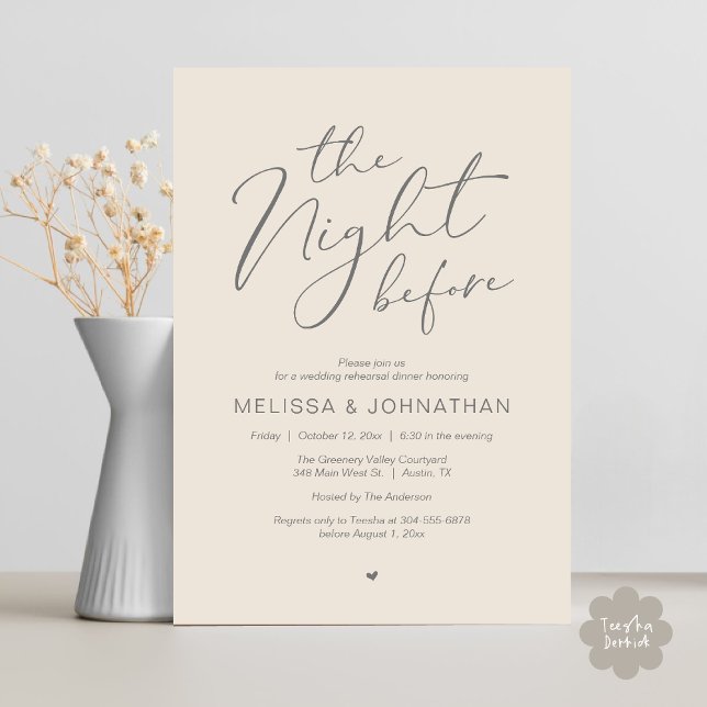 Dagen före romantisk bröllopsrepetition fest inbjudningar (The Night Before Romantic Modern Wedding Rehearsal Dinner Aesthetic Invites PDF Classy Cream Grey)