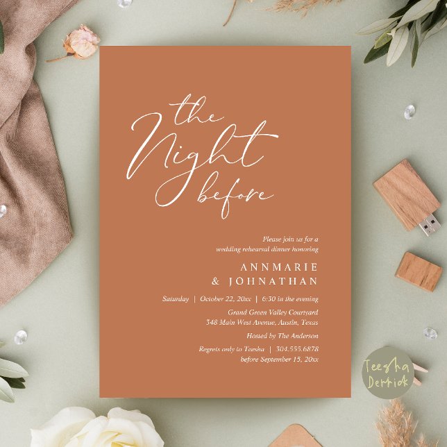 Dagen före Romantisk Bröllopsrepetition Middag Inbjudningar (The Night Before Romantic Wedding Rehearsal Dinner Invitation Card in Copper Terracotta )