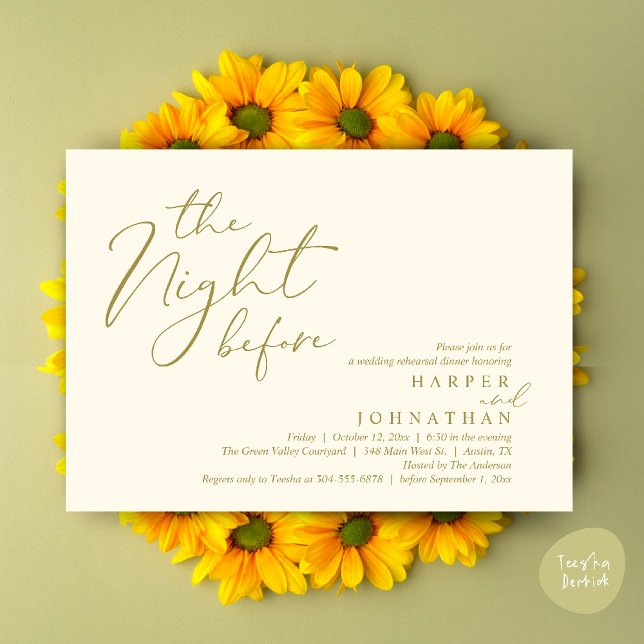 Dagen före romantisk bröllopsrepetition middag inbjudningar (The Night Before Romantic Wedding Rehearsal Dinner Modern Invitation Card PDF Yellow Gold)