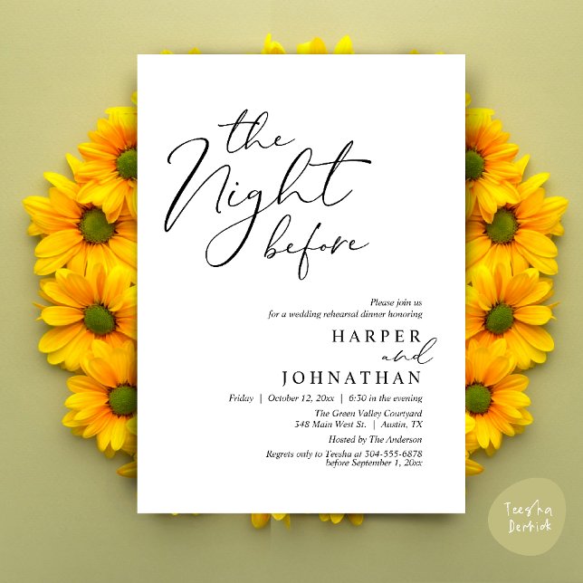 Dagen före romantisk bröllopsrepetition middag inbjudningar (The Night Before Romantic Wedding Rehearsal Dinner Modern Invitation Card PDF White Black)