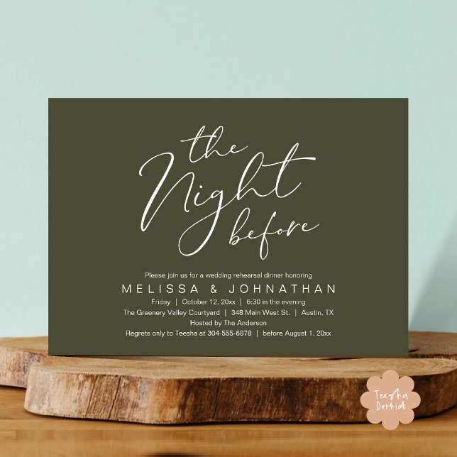 Dagen före romantisk bröllopsrepetition middag inbjudningar (The Night Before Romantic Modern Wedding Rehearsal Dinner Aesthetic Invites PDF Classy Olive Green)