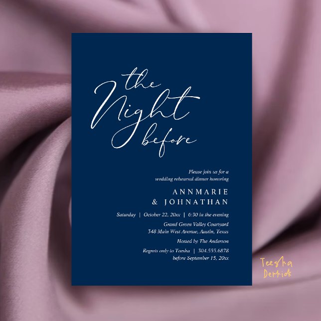 Dagen före Romantiskt Bröllopsrepetitionsmiddag Inbjudningar (The Night Before Romantic Wedding Rehearsal Dinner Invitation Card in Navy Blue)