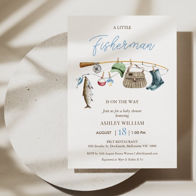 Dagens blåa fiskekanna Rod Boys Fishing Baby Showe Inbjudningar (Fishing Baby Shower Invitation Template Baby Boy, Fishing Rod Baby Shower Invite, Little Fisherman
)