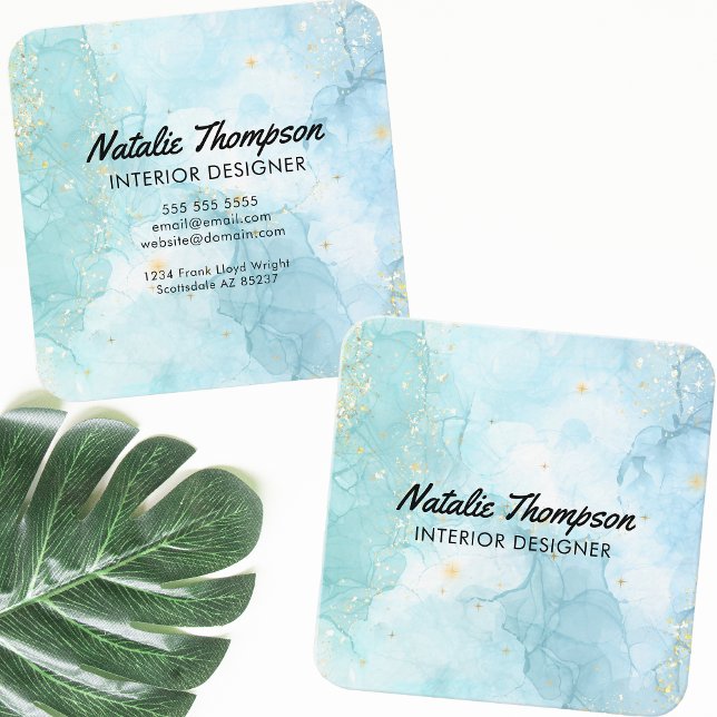 Dagens blåa Guld-Glitter-vattenfärgsmodern i Cute  Fyrkantigt Visitkort (Skapare uppladdad)