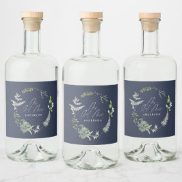 Dagens botaniska skript bröllop i marin blå elegan spritflaskor etikett