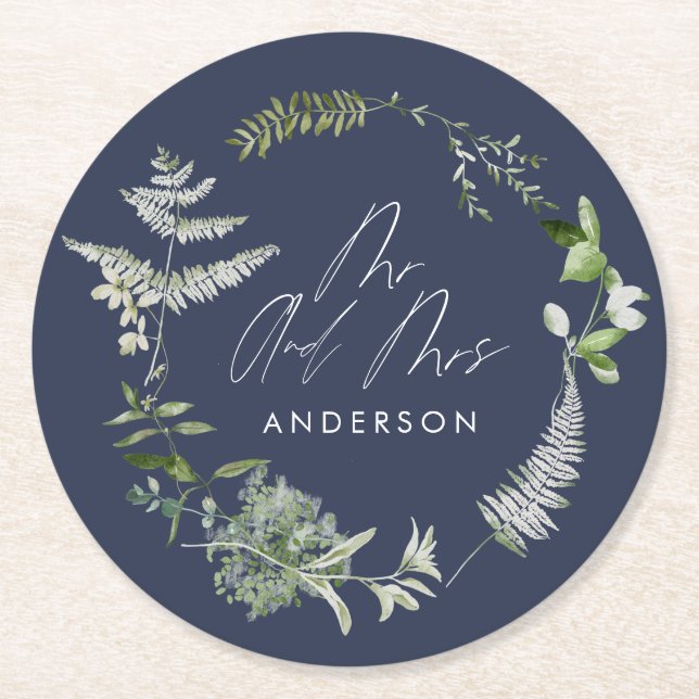 Dagens botaniska skript bröllop i marin blå elegan underlägg papper rund (Framsidan)