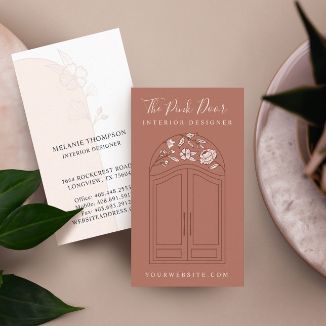 Dagens moderna Blommigt-Ro-styrda styrdörr Brun Visitkort (Modern Floral Rose Arch Entrance Front Door Brown Business Card)