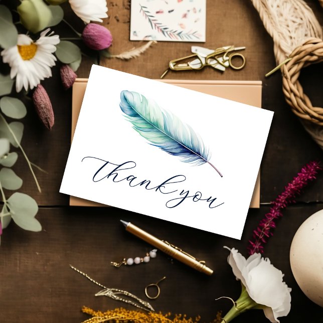 Dagens moderna vattenfärgsblåa fjäder tack kort (Skapare uppladdad)