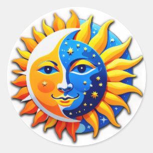 Dagens och nattens tudelning: Sol och Måne Ansikte Runt Klistermärke
