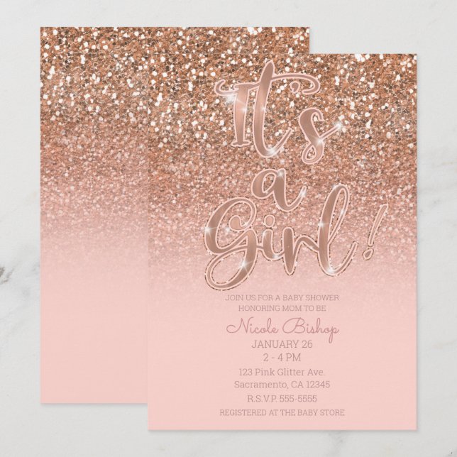 Dagens  Rosa Glam Glitter Girl Baby Shower Inbjudningar (Fram/baksida)