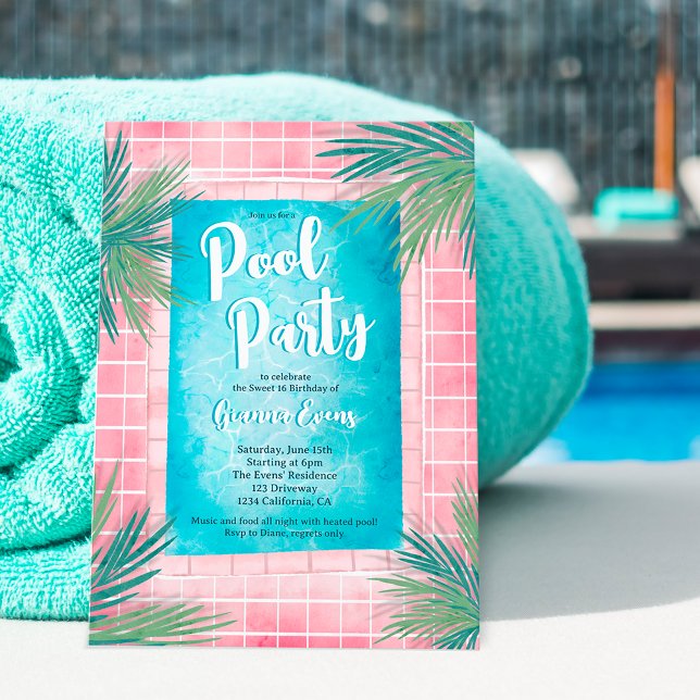 Dagens rosa Tropical handflatan blue bassäng party Inbjudningar (Modern pink Tropical palm blue pool party Sweet 16 Invitation)