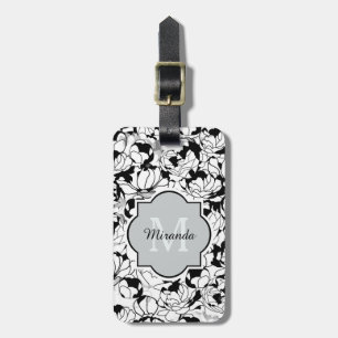Dagens svarta vita Blommigt Girly Monogram med Nam Bagagebricka