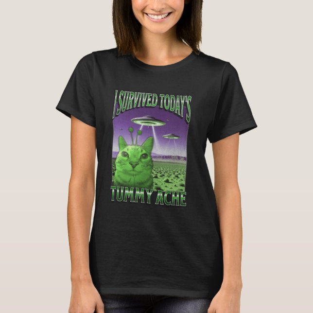 Dagens Tummy Ache Funny Alien Cat Meme Bootleg Gr T Shirt (Framsida)