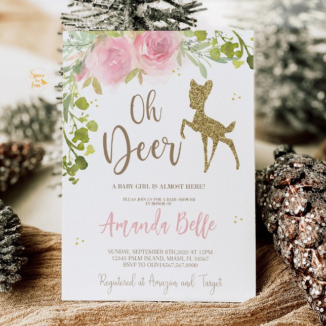 Däggdjurs-Baby Shower  Inbjudningar (An "Oh Deer" baby shower invitation featuring a cute deer design with soft greenery, ideal for a woo)