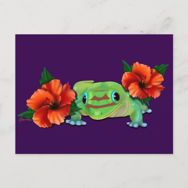 Daggekko med hibiskus  meddelande vykort (Framsida)
