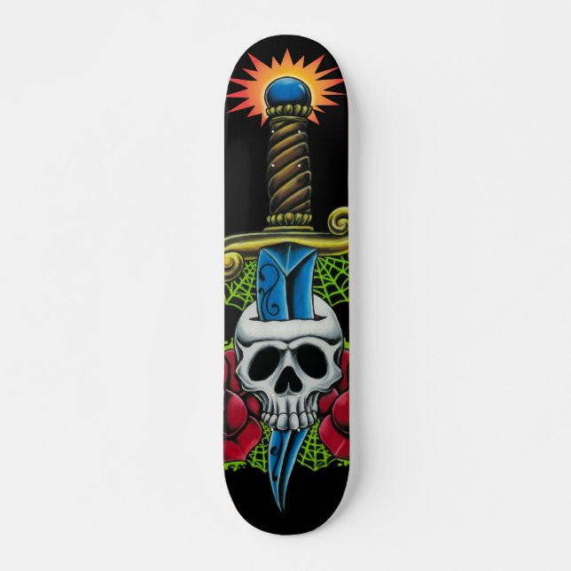 Dagger, Skull och Rosor Skateboard Bräda 19,5 Cm (Framsida)
