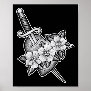 Dagger through Heart X Flowers Blackwork Tatto Fl Poster