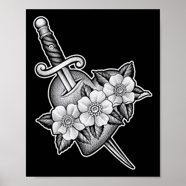 Dagger through Heart X Flowers Blackwork Tatto Fl Poster (Framsidan)