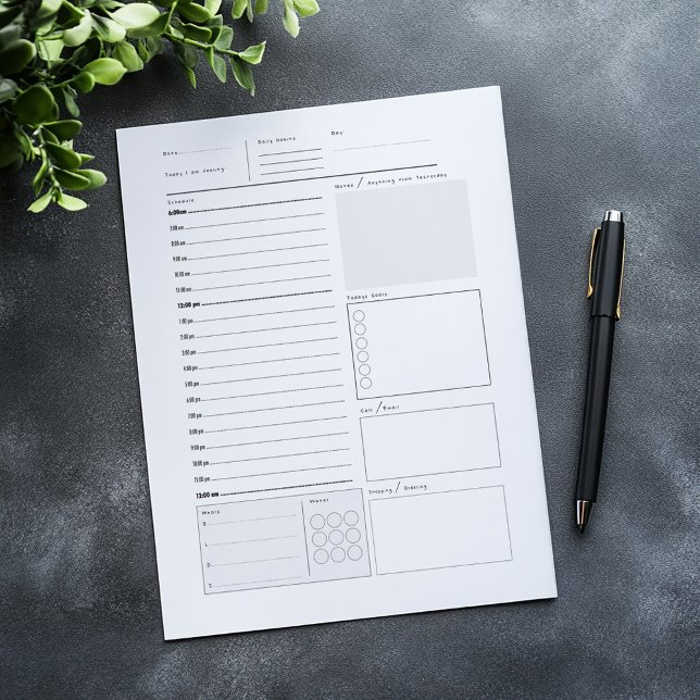 Daglig planerare, anteckningsblock (Daily planner, hour by hour view, space for your notes, to do lists, meal planner, water tracker.)