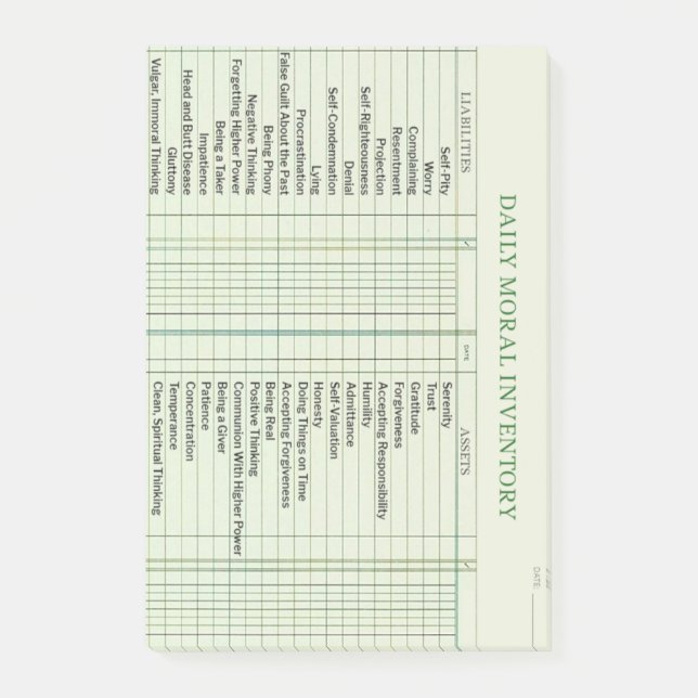 Dagligt moraliskt inventeringskort efter det att d post-it block (Framsida)