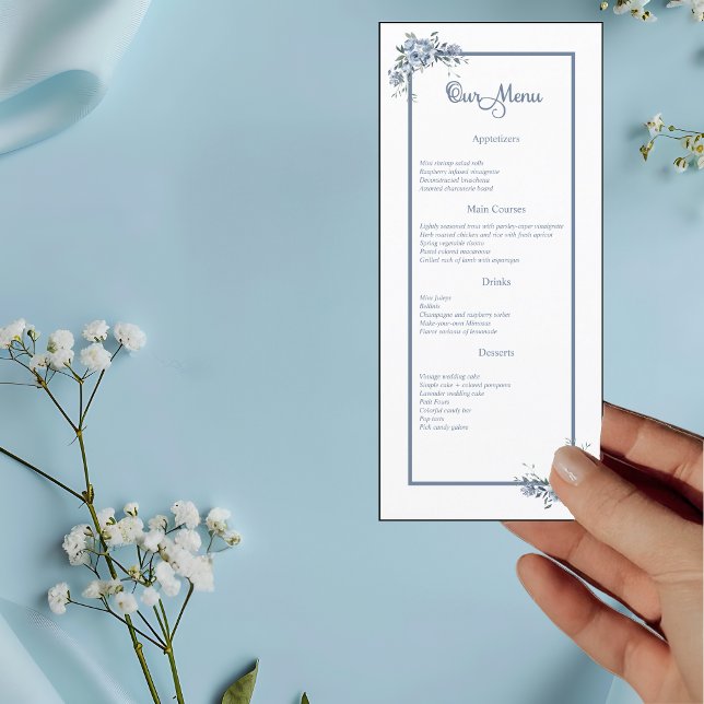 Dagmeny för Modern Dusty Blue Blommigt Bröllop Meny (Skapare uppladdad)