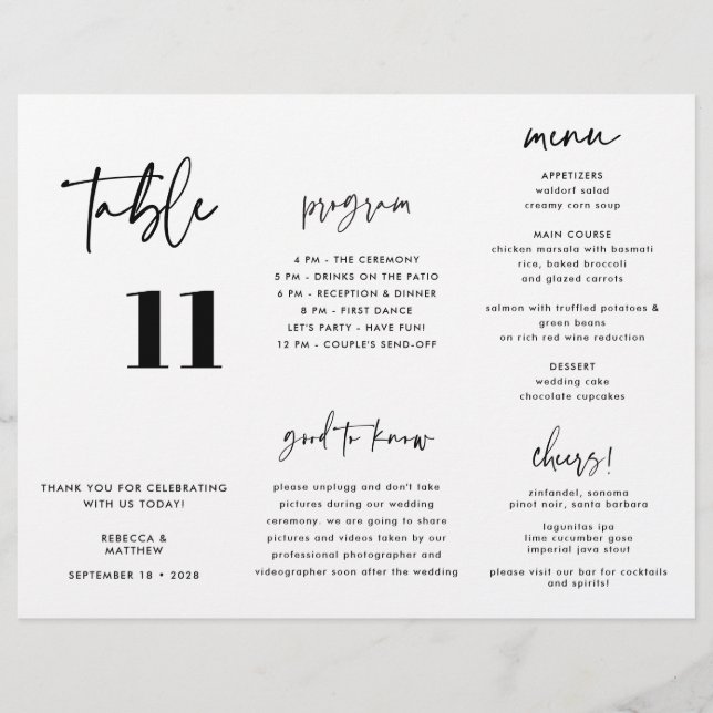 Dagordningen Modern Calligraphy Bröllop Menu (Framsida)