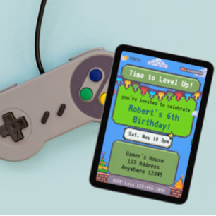 Dags att Levela Upp Pixel Gamer Födelsedag Inbjudningar