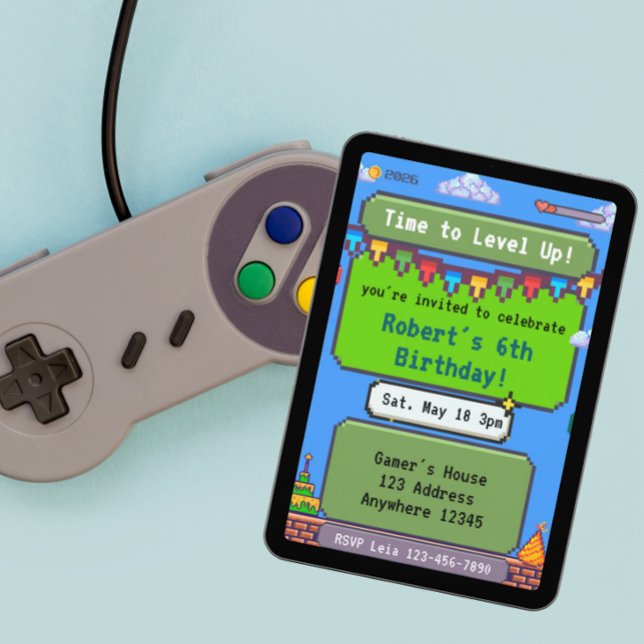 Dags att Levela Upp Pixel Gamer Födelsedag Inbjudningar (Skapare uppladdad)