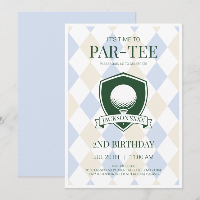 Dags att Par-Tee Blå Pojkar Golf 2-årsfest Inbjudningar (Fram/baksida)