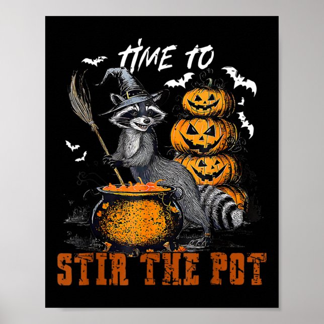 Dags att röra på pot Funny Raccoon Witch Halloween Poster (Framsidan)