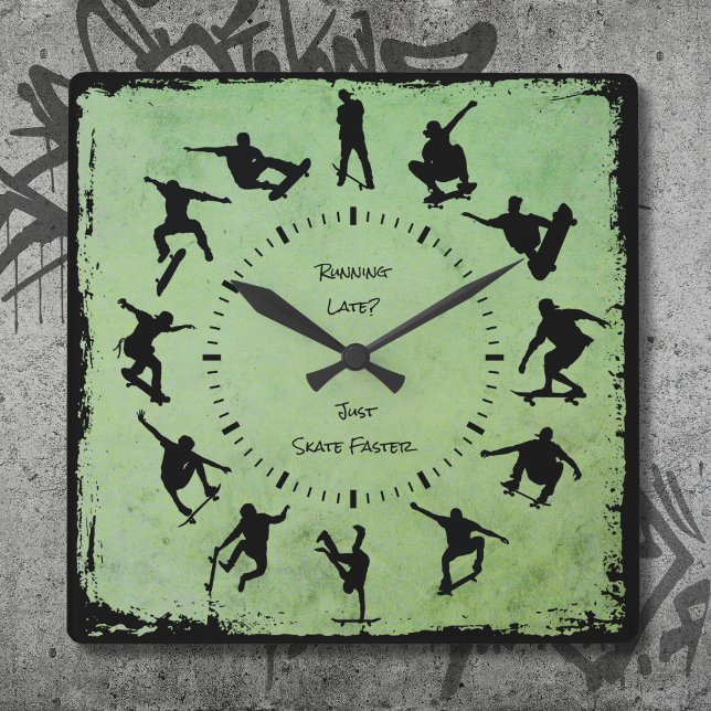 Dags att skaka Stil-väggsluss Grönt Fyrkantig Klocka (Your Time to Shred Skate Style Wall Clock Green)