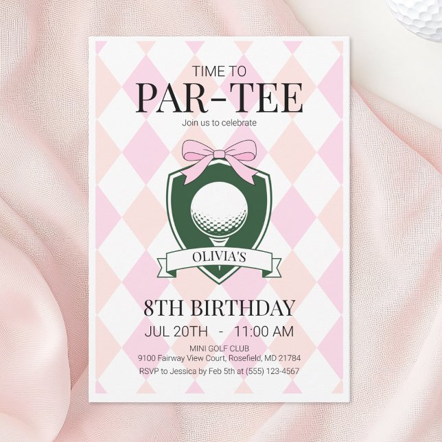 Dags för Par-Tee Rosa Golf 8-års födelsedagsfest Inbjudningar (Time to Par-Tee Pink Golf 8th Birthday Party Invitation)
