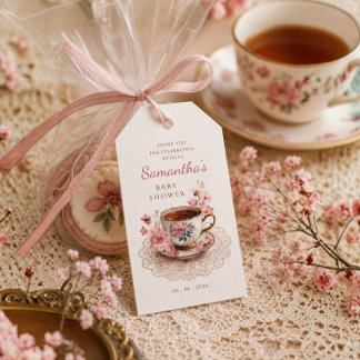 Dags för te vintage blommande tekopp baby shower presentetikett