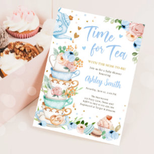 Dags för Tea Brewing Tea Party Blue Baby Shower Inbjudningar