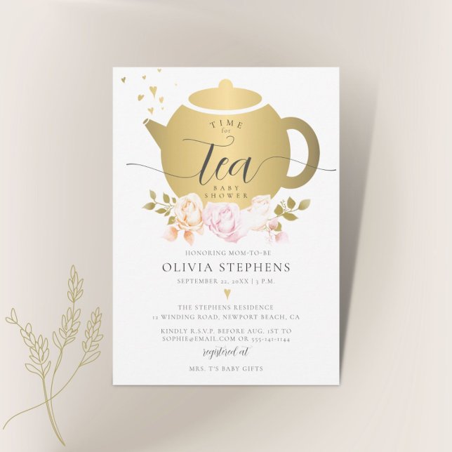 Dags för Tea Elegant Modern Guld Ro Baby Shower Inbjudningar (Skapare uppladdad)