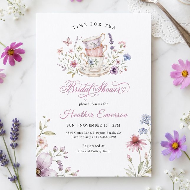 Dags för Tea Elegant Tekoppsskål Lila Akvarell Inbjudningar (Skapare uppladdad)