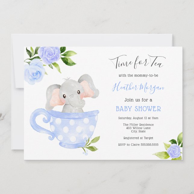 Dags för Tea Elephant Baby Shower-inbjudan Inbjudningar (Framsida)